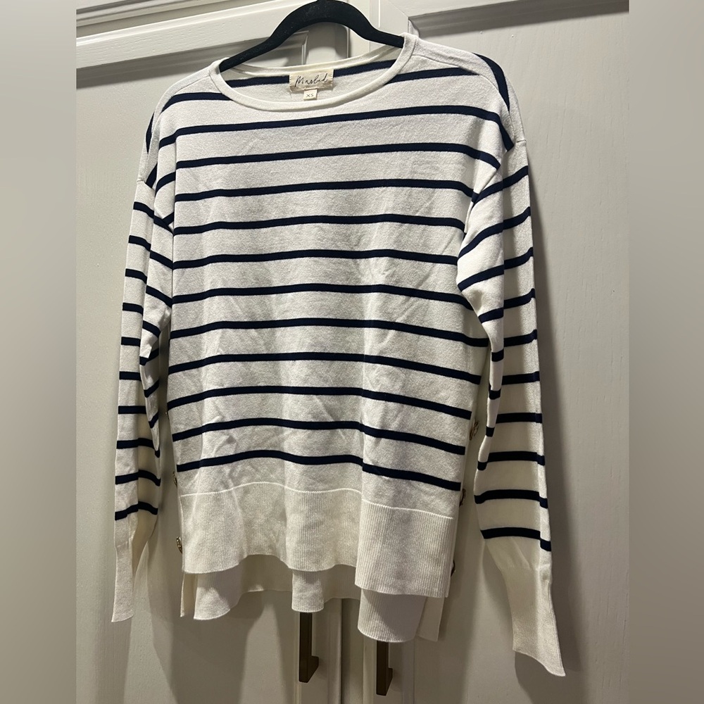 Nautical Striped White and Navy Sweater With Anchor Buttons. Size XS